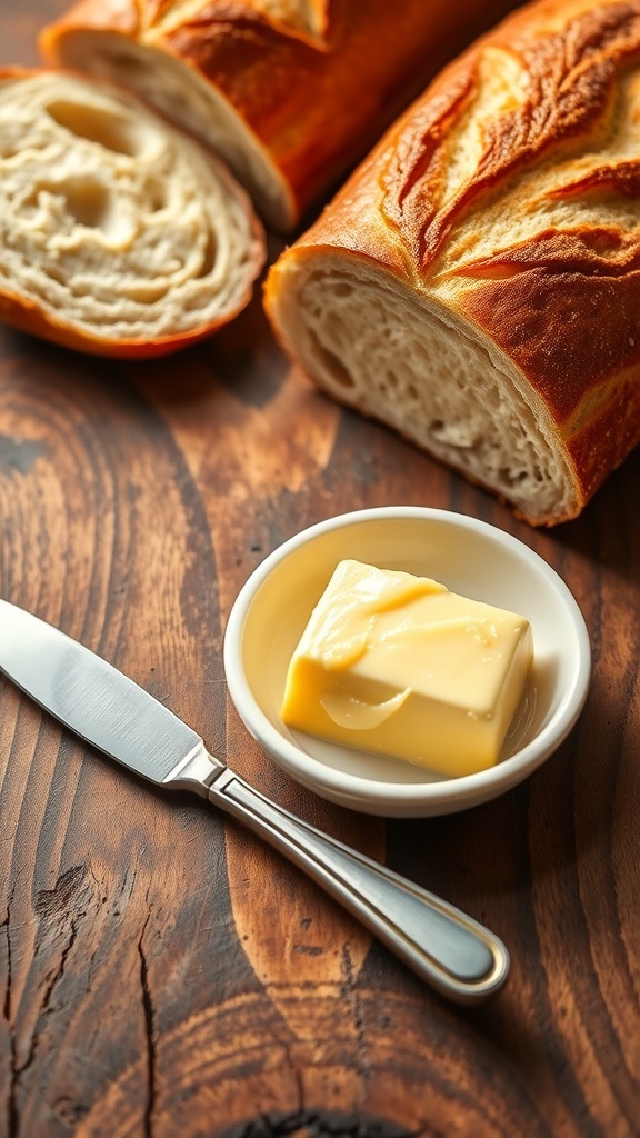 Freshly made butter in a dish next to a loaf of bread on a wooden table.